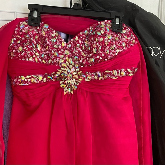 Jeweled hot pink Prom Dress (strapless) with shawl wrap. - Picture 2 of 5